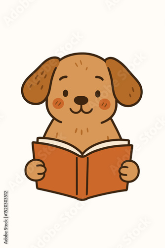 Cute cartoon dog reading book. Adorable puppy character in whimsical illustration. Education, learning, knowledge, storytelling concept for kids. Smart animal student enjoying literature.