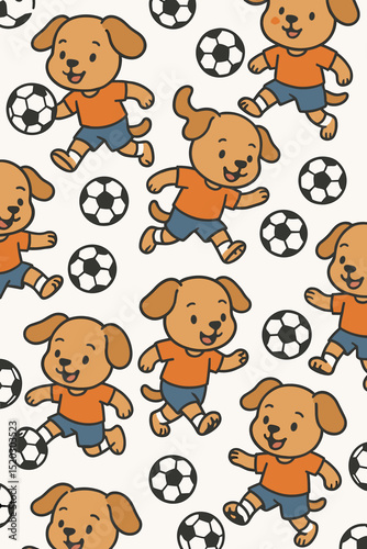 Seamless Pattern of Playful Cartoon Dogs Playing Soccer, Fun Football Game, Happy Animal Characters, Cute Pet Design, Sporting Puppies, Kids Illustration, Nursery Art