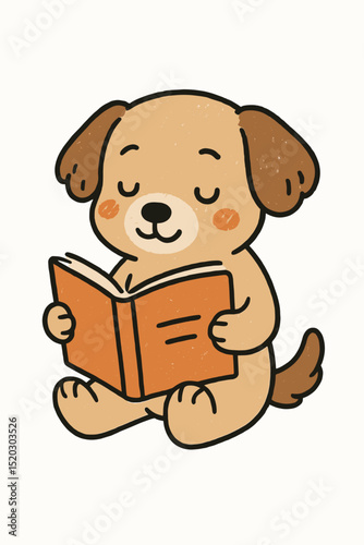 Cute cartoon dog happily reading a book. Adorable puppy character illustration, ideal for education, learning, storytelling. Hand-drawn sketch style vector design for kids, library, pet lovers.