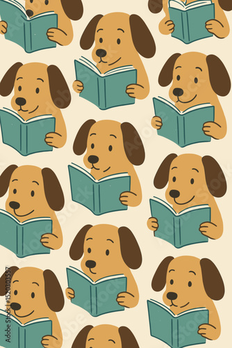 Cute cartoon dogs reading books seamless pattern. Adorable puppy characters studying literature for kids. Pet education and learning concept. Whimsical animal background illustration for children.