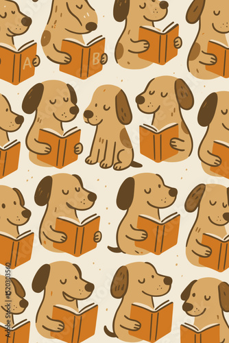 Adorable dogs reading books seamless pattern. Cute cartoon puppies studying, learning. Hand-drawn animal illustration for children's education, library, knowledge. Smart pet characters background.