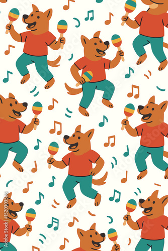 Cheerful dancing dog with colorful maracas seamless pattern, playful canine illustration with music notes, party celebration background, festive pet character vector