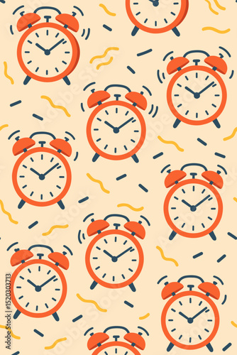 Seamless pattern ringing alarm clocks. Retro cartoon vector illustration for wake up. Morning time management, deadline reminder concept. Repeating vintage clock background wallpaper graphic.