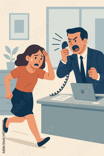 Office stress escape: Scared female employee running from angry boss yelling on phone. Workplace conflict, toxic environment, burnout, anxiety, pressure. Bad management concept.