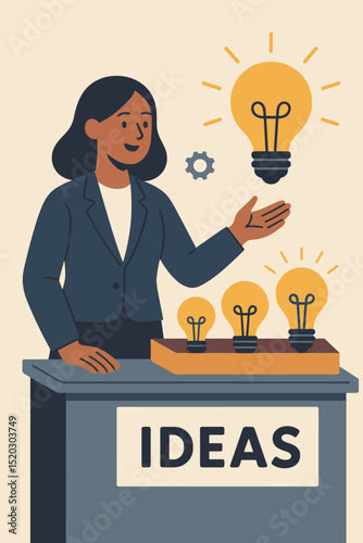Brainstorming Innovative Business Ideas Presentation. Woman Presenting New Solutions, Lightbulb Ideas, Creativity, Innovation. Business Strategy and Planning for Success