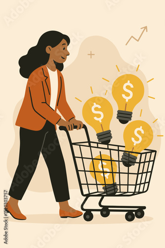 Woman Shopping for Bright Investment Ideas. Investor with Shopping Cart Full of Light Bulbs with Dollar Signs. Finance. Business. Commerce. Shopping. Financial Success.