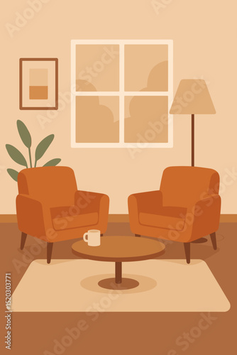 Cozy living room interior with warm brown armchairs, round coffee table, soft rug, floor lamp, green plant, framed wall art, and window with neutral decor for home comfort