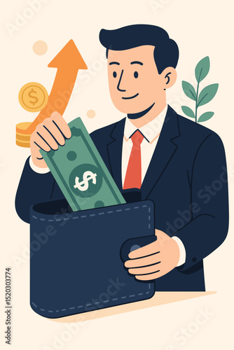 Businessman putting dollar banknote into wallet. Financial gain concept. Investment growth and income increase. Savings strategy for successful entrepreneur. Money profit cartoon vector art.