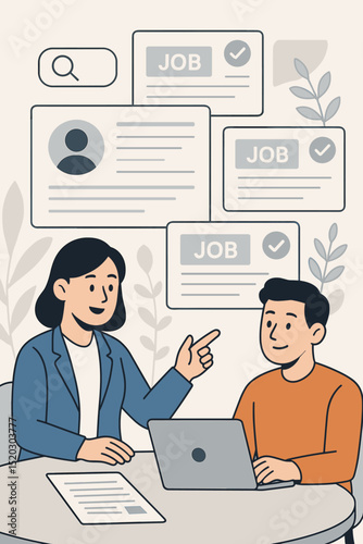 Job search assistance concept. Career advisor helping candidate find employment online. Recruitment consultant with applicant, laptop, CV. Human resources, hiring, job board vector.