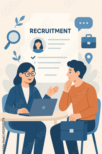 Recruitment process illustration. HR manager interviewing job candidate. Business professionals discussing employment opportunity. Human resources, career consultation, job search assistance. Vector.