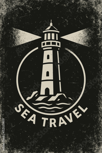 Grunge Lighthouse Logo Vector. Sea Travel Icon. Vintage Nautical Beacon. Navigation Symbol. Coastline Safety Tower. Marine Architecture Design. Black and White Graphic