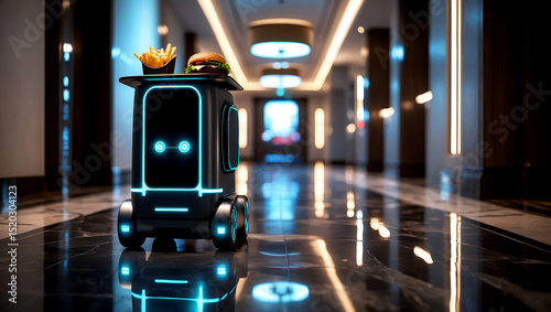 Futuristic autonomous robot delivering food including burger and fries through a hotel hallway.