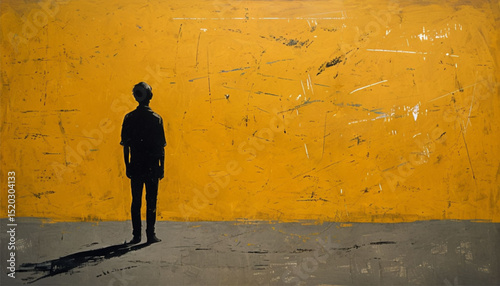Silence of the shadow in front of a wall of yellow chaos