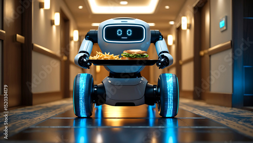Futuristic hotel robot delivers food down a hotel corridor representing automation