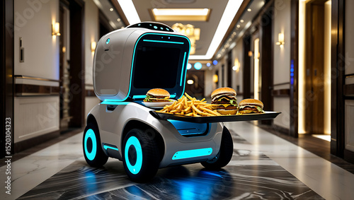 Futuristic robot delivering burgers and fries in a luxurious hotel hallway restaurant food delivery