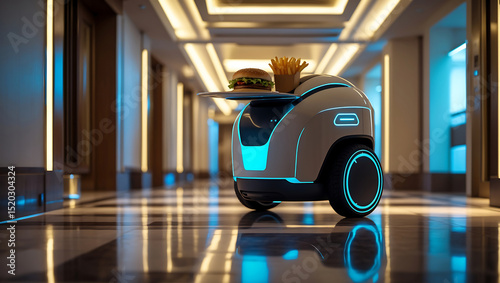 Futuristic robot delivering burger and fries in a hotel corridor interior