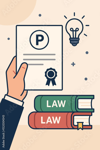 Intellectual property rights protection concept with patent document, law books and idea lightbulb. Copyright law, trademark registration, invention patenting, legal innovation security.