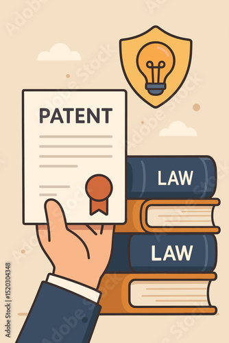 Intellectual property protection concept with hand holding patent document. Law books and idea shield symbol. Copyright, legal rights, innovation safeguarding, and invention ownership illustration.