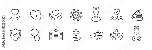 Medical and healthcare icons featuring heart, shield, and stethoscope symbols