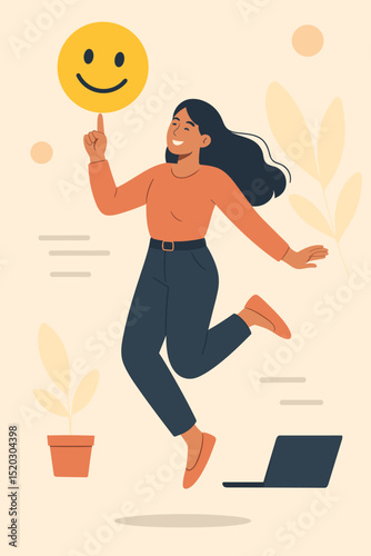 Happy motivated woman jumping with smile emoji, expressing joy, success, freedom, and positive emotions. Feeling inspired, optimistic, and embracing cheerful vibrant energy.
