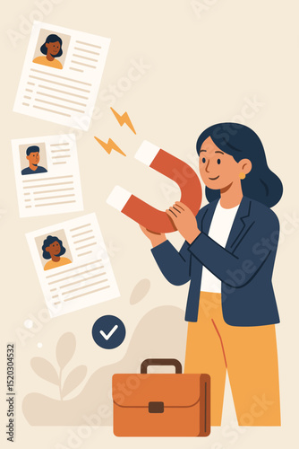 Magnetizing Resumes for Job Search Success. Woman attracts CVs with Magnet. Recruitment, Employment Opportunity, Career, Interview. Hiring, Headhunting. Vector Illustration.