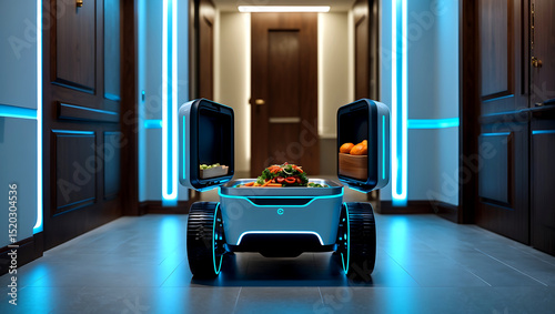 Futuristic robot delivering fresh food inside a modern home ready for food delivery