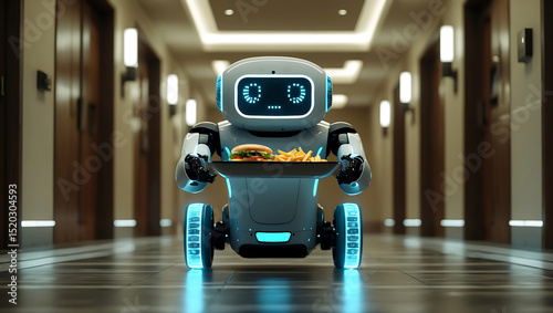 Futuristic robot delivers food in a hotel hallway with advanced technology and artificial intelligence