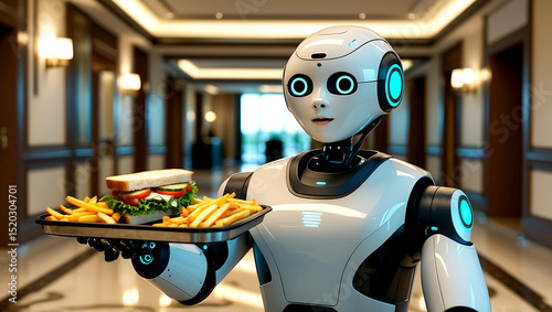 Futuristic robot server delivering food with sandwich and french fries in a luxurious hotel