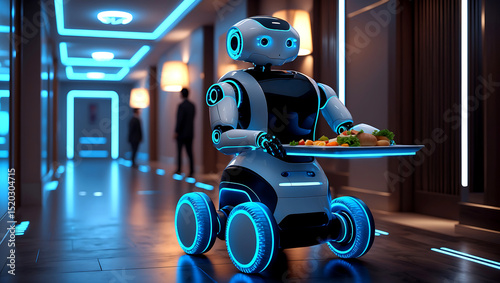 Futuristic robot server delivering food in a modern hotel or restaurant corridor