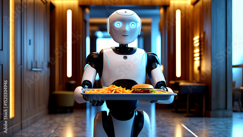 Futuristic robot waiter serving food with hamburger and fries in modern restaurant setting