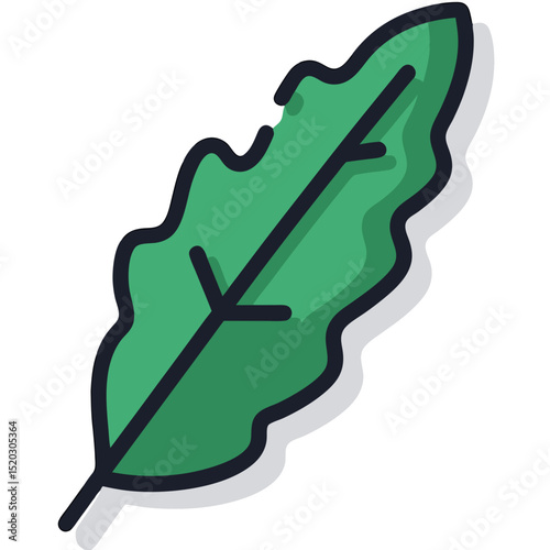 Stylized Green Leaf with Dark Veins and Outline Illustration