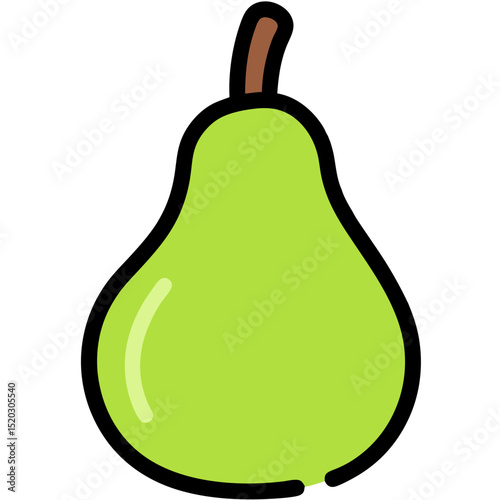 Stylized Green Pear with Brown Stem and Black Outline