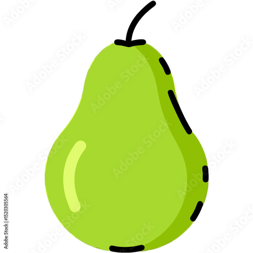 Stylized Green Pear Illustration with Black Outline and Stem