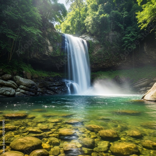 Majestic Waterfall Cascading Down Rocks with Natural Surroundings Captured in High Quality for Eco Travel and Nature Design