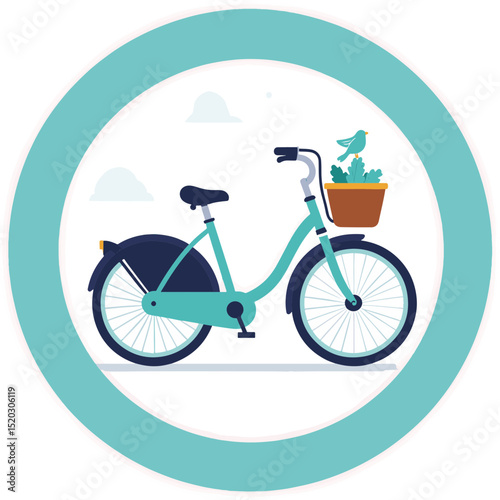 Stylish turquoise bicycle with a flower pot and bird, set against a minimalist circular background and soft clouds, concept of bike rental or cycling tours