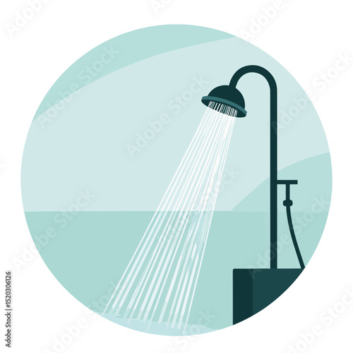 Modern showerhead spraying water in a minimalist bathroom design with a calming blue background, relaxation and home renovation concept of interior design or plumbing services