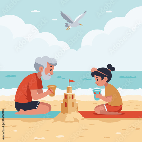 Elderly man and young girl joyfully building a sandcastle on a sunny beach with a seagull flying overhead, summer holiday at grandma's concept of family activities