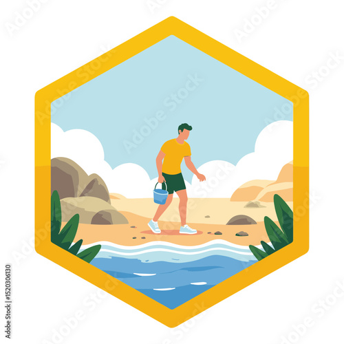 Man collecting seashells on the beach in a sunny landscape surrounded by rocks and plants, cheerful concept of summer holiday at grandmas