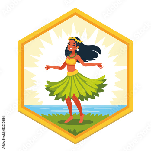 Hula dancing young woman with long black hair, joyful expression, performing on a sunny beach background, concept of summer holiday at grandmas