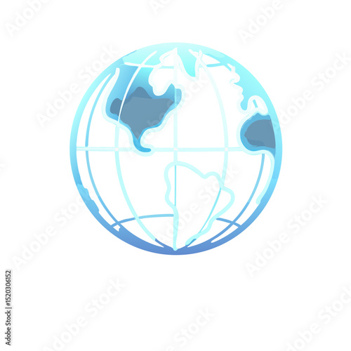 Stylized Globe Illustration with Blue Continents and Light Blue Grid