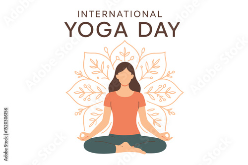 Vector art of International yoga day illustration of a woman meditating in lotus position with mandala background