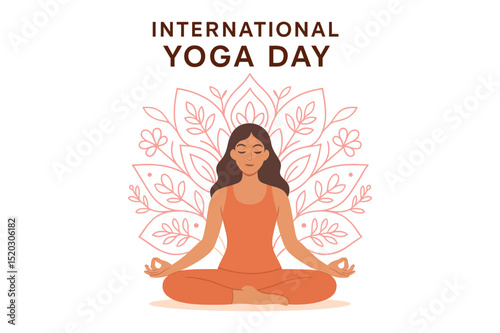 Vector art of Woman in lotus position meditating for international yoga day with mandala background
