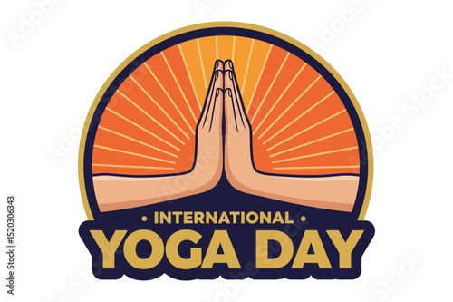 Vector art of Illustration for international yoga day featuring hands in namaste pose with orange rays