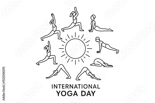Vector art of International yoga day illustration with various yoga poses around a sun graphic