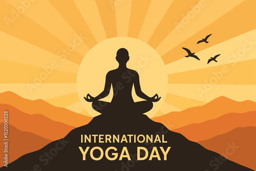 Vector art of Silhouette of person in yoga pose on mountain at sunrise for international yoga day celebration with birds flying