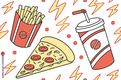 Illustration of a Pizza Slice, Fries, and Soda