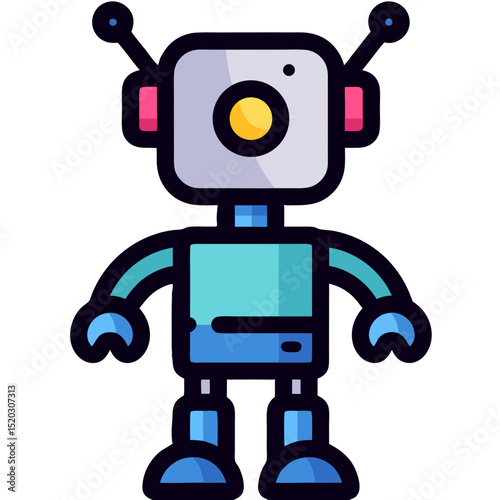 Cartoon Robot with Square Head Antennae and Teal Body