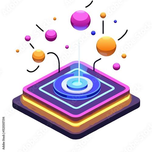 Isometric Platform with Beam and Floating Spheres Illustration
