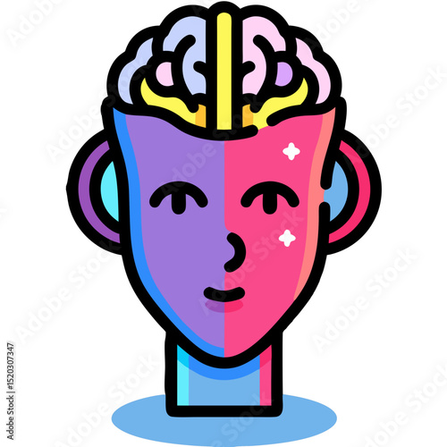 Stylized head with open brain split color scheme and simple design