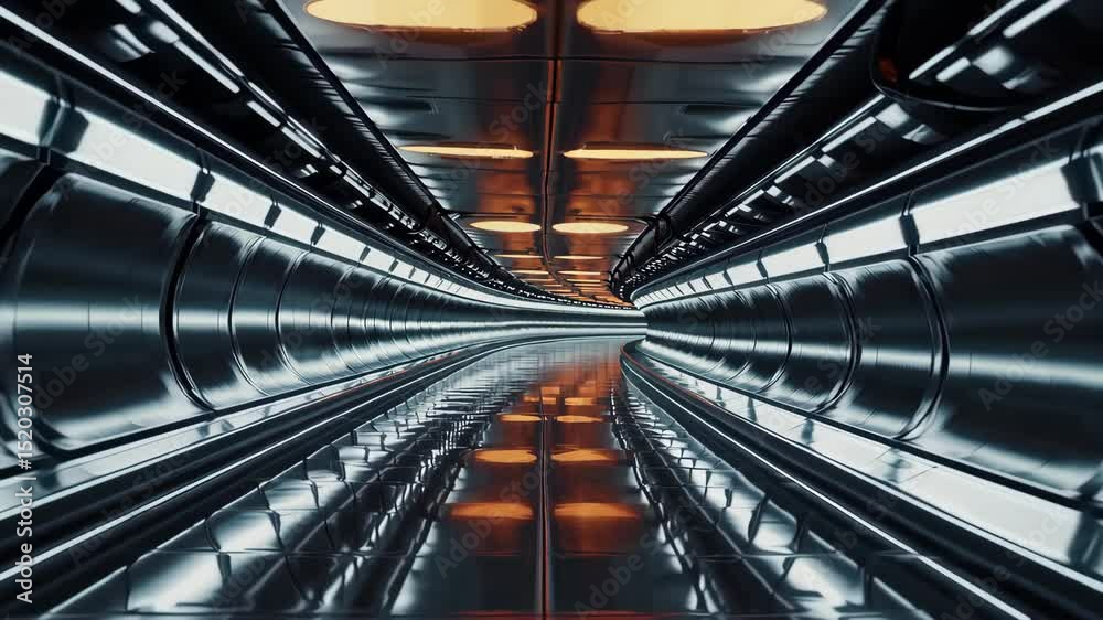 Futuristic tunnel with lights and reflections in motion urban transport concept